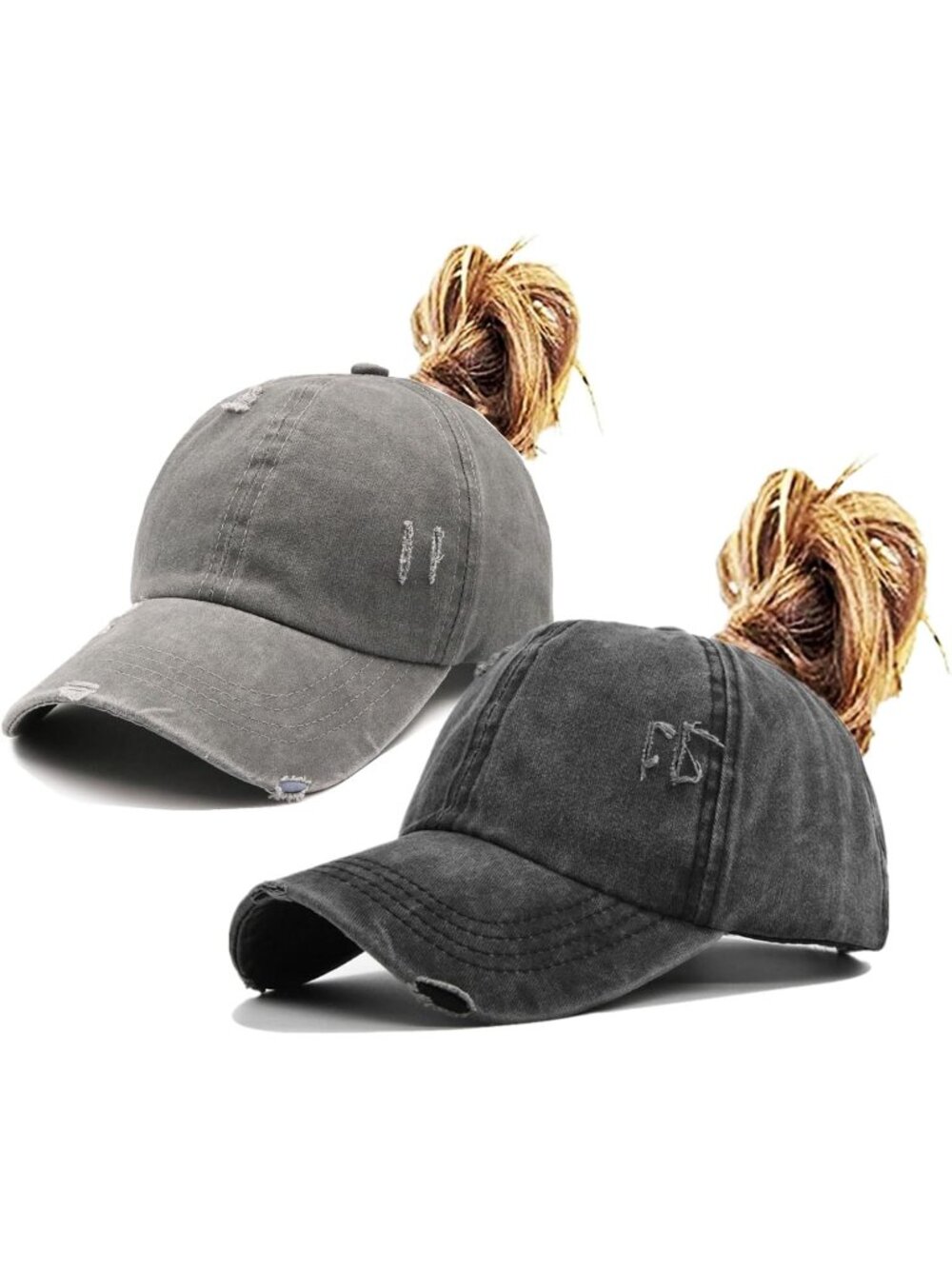 〽️Women Distresed Gray Black High Ponytail Baseball Cap Trucker Bad Hair Day